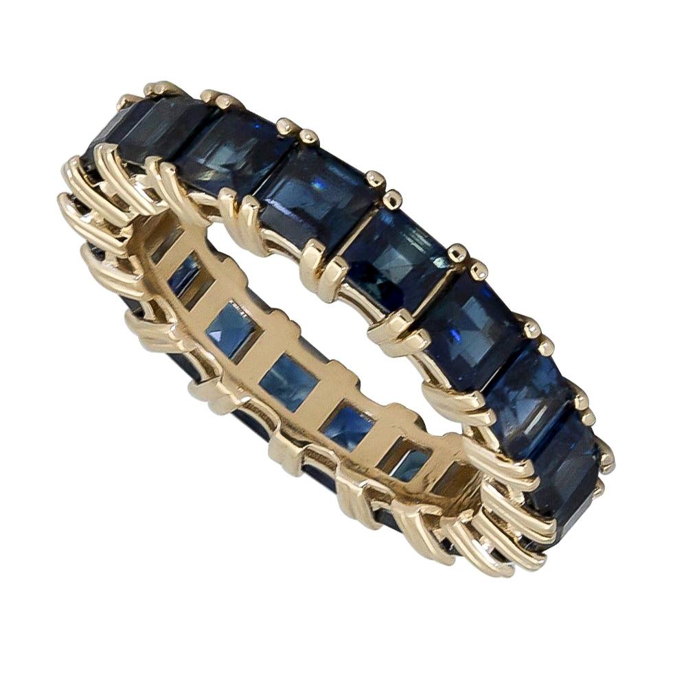 5.50 Carat Square Cut Blue Sapphire Eternity Wedding Band in Yellow Gold