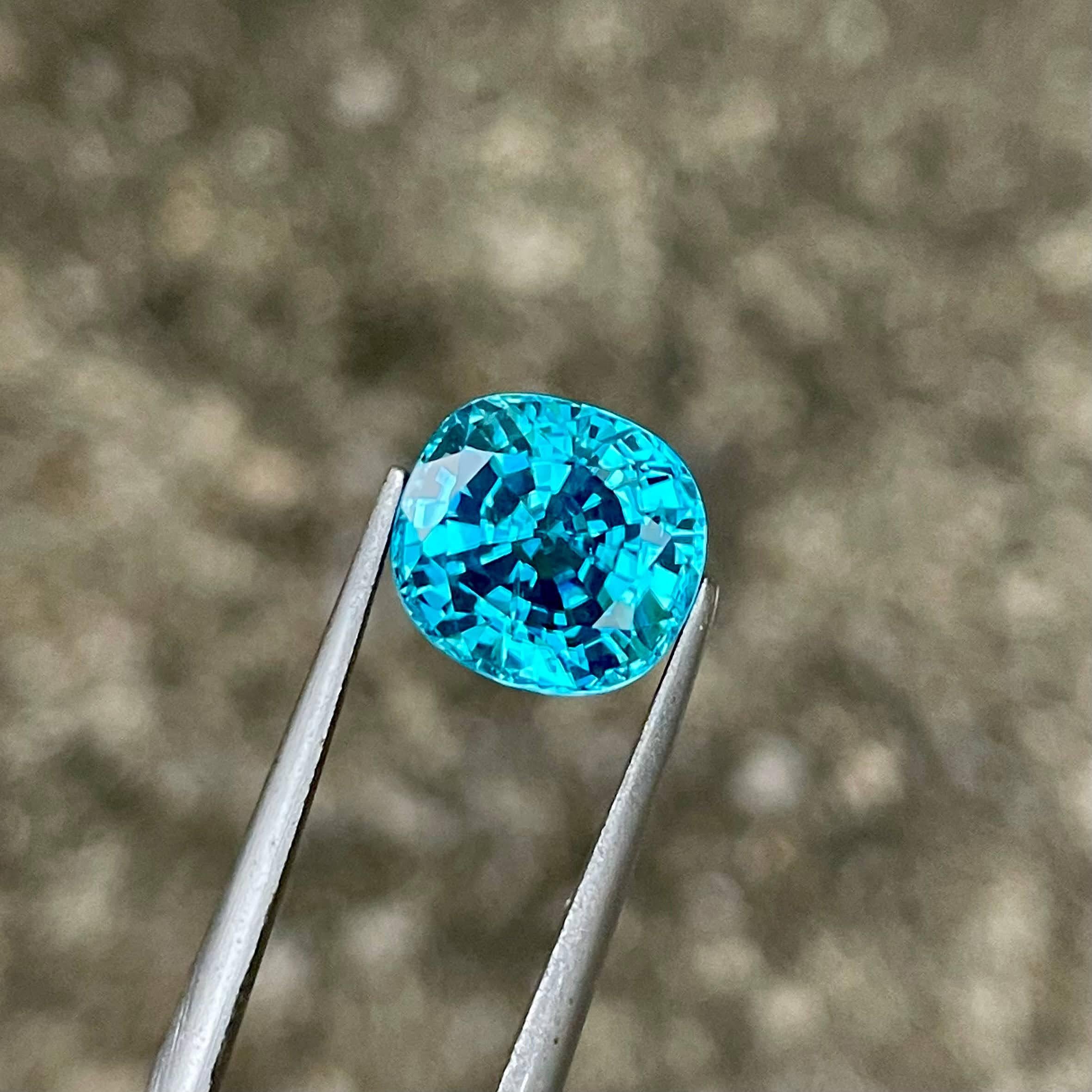 Modern 5.50 carats Blue Zircon Stone Cushion Cut Natural Cambodian Gemstone For Sale