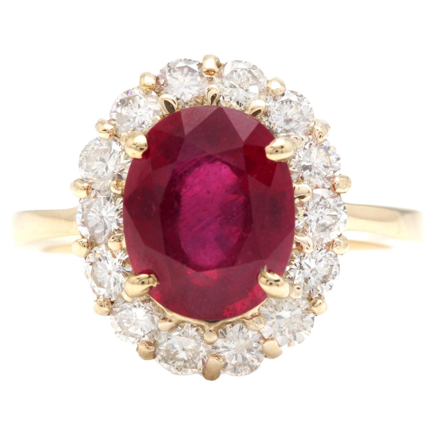 5.50 Carats Impressive Red Ruby and Natural Diamond 14K Yellow Gold Ring For Sale