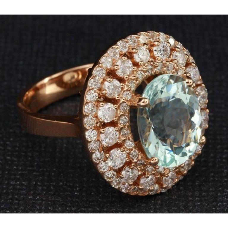 Rose Cut 5.50 Carat Natural Aquamarine and Diamond 14 Karat Solid Rose Gold Ring For Sale