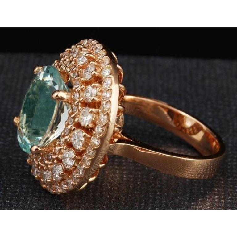 5.50 Carat Natural Aquamarine and Diamond 14 Karat Solid Rose Gold Ring In New Condition For Sale In Los Angeles, CA