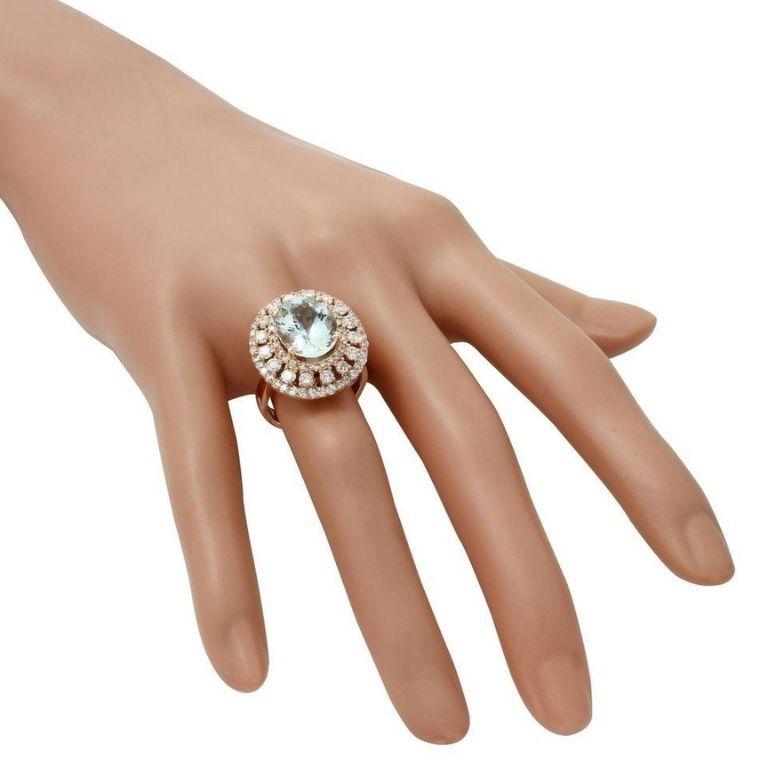 Anillo de oro rosa macizo de 14 quilates con aguamarina natural y diamantes de 5,50 quilates en venta 1
