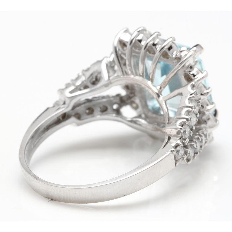 Rose Cut 5.50 Carat Natural Aquamarine and Diamond 14 Karat Solid White Gold Ring For Sale