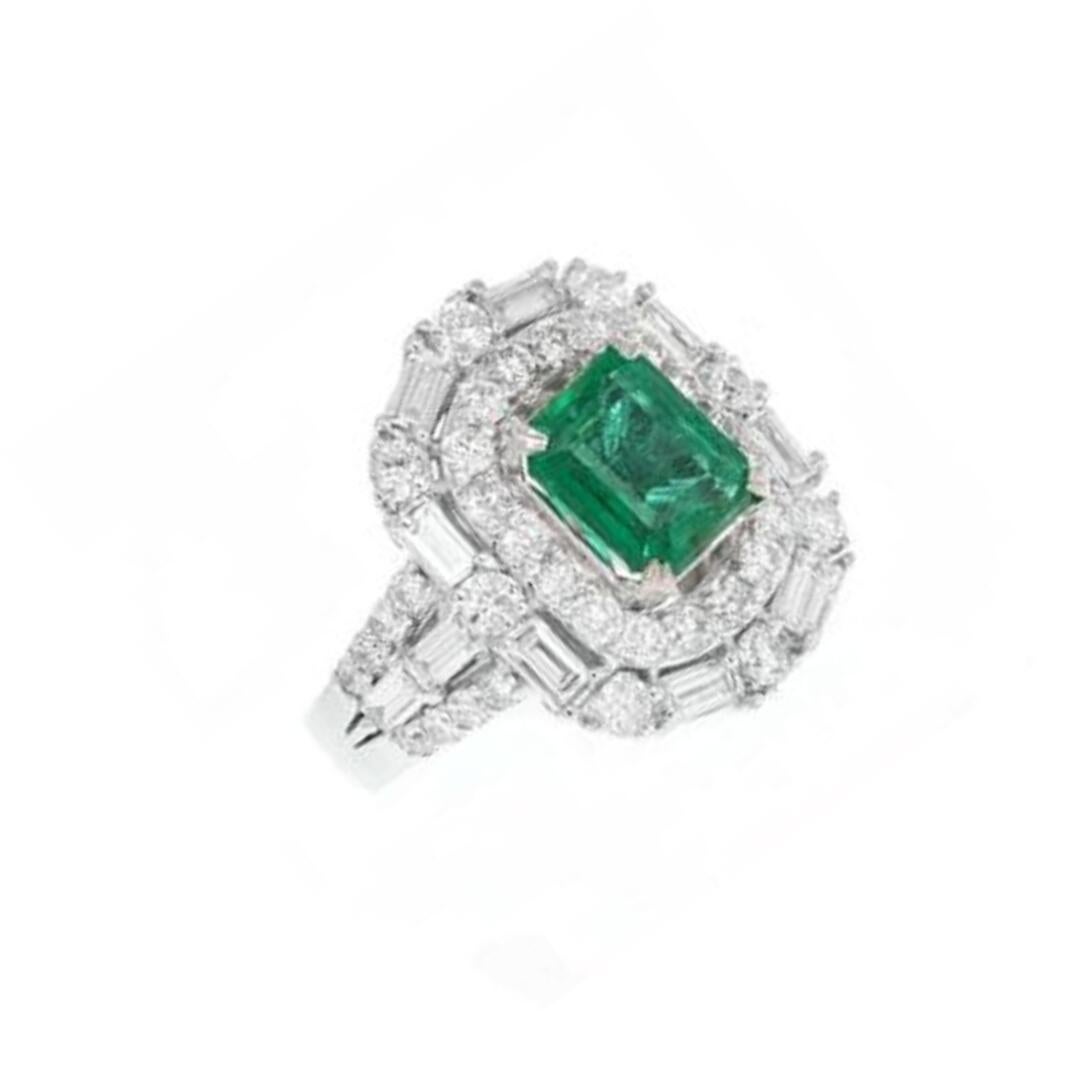 Emerald Cut 5.50 Carat Natural Emerald and Diamond 18 Karat Solid White Gold Ring For Sale