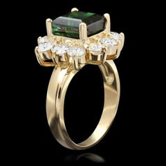 5.50 Carats Natural Green Tourmaline and Diamond 14K Solid Yellow Gold Ring