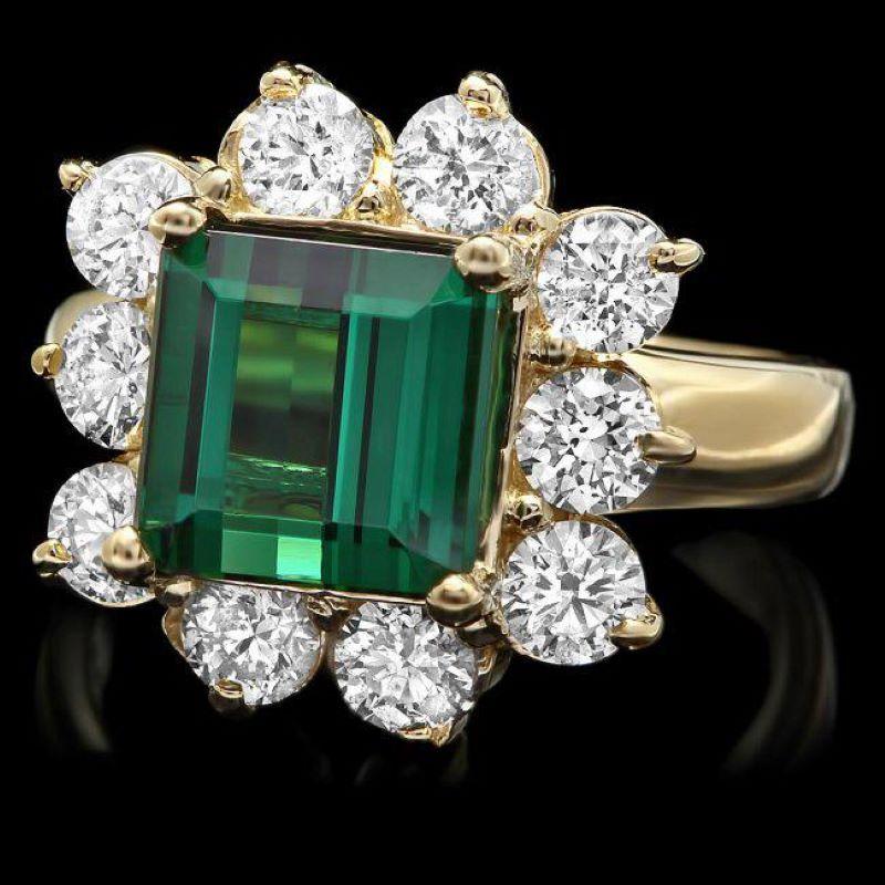 Mixed Cut 5.50 Carats Natural Green Tourmaline and Diamond 14K Solid Yellow Gold Ring For Sale