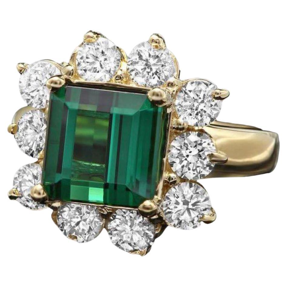 Bague en or jaune massif 14 carats avec tourmaline verte naturelle de 5,50 carats et diamants