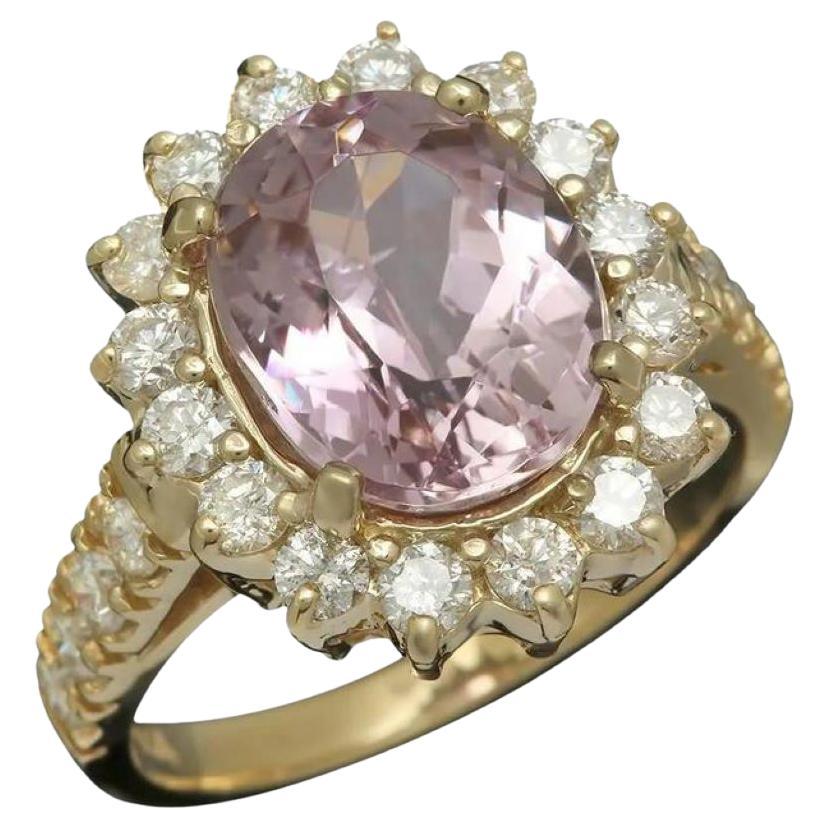 5.50 Carats Natural Kunzite and Diamond 14K Solid Yellow Gold Ring For Sale