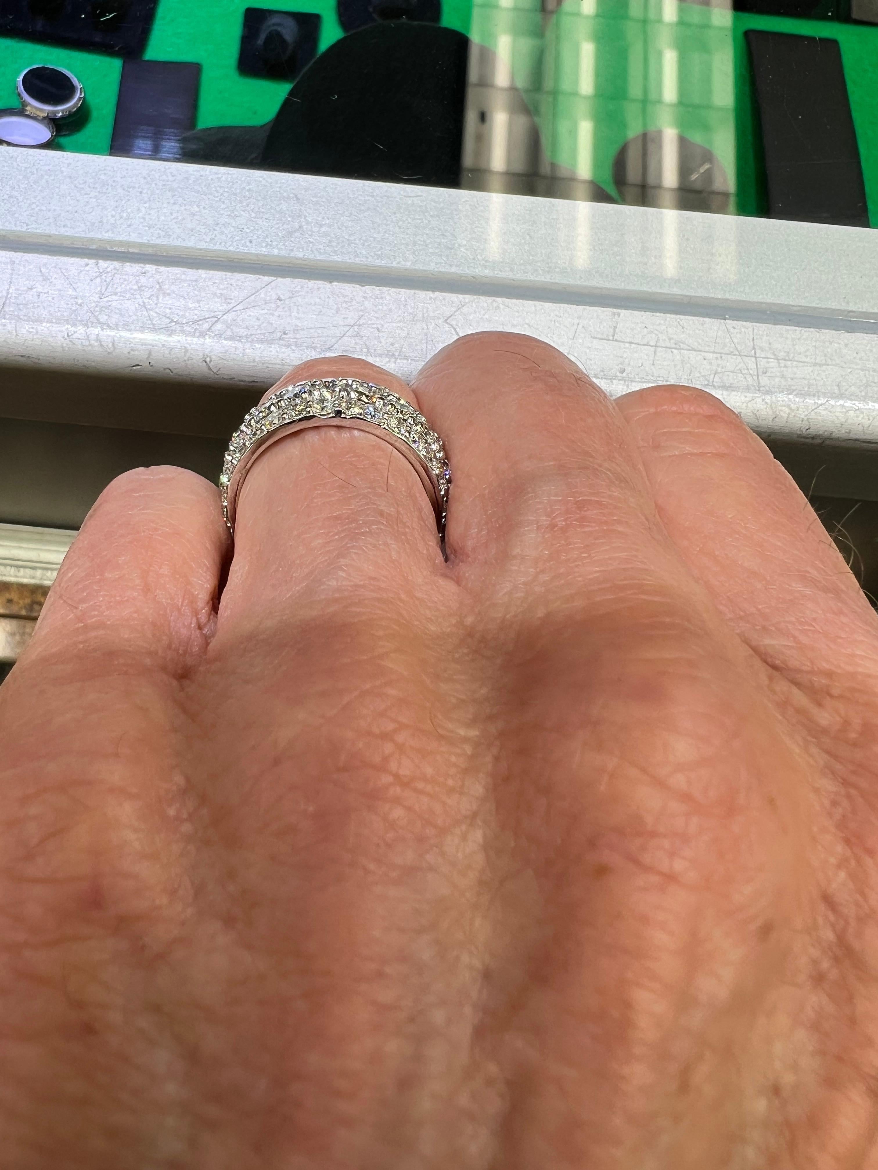 Round Cut 5.50 Carats TW Diamond Eternity Three Row White Gold Band Ring Size 9.25 For Sale