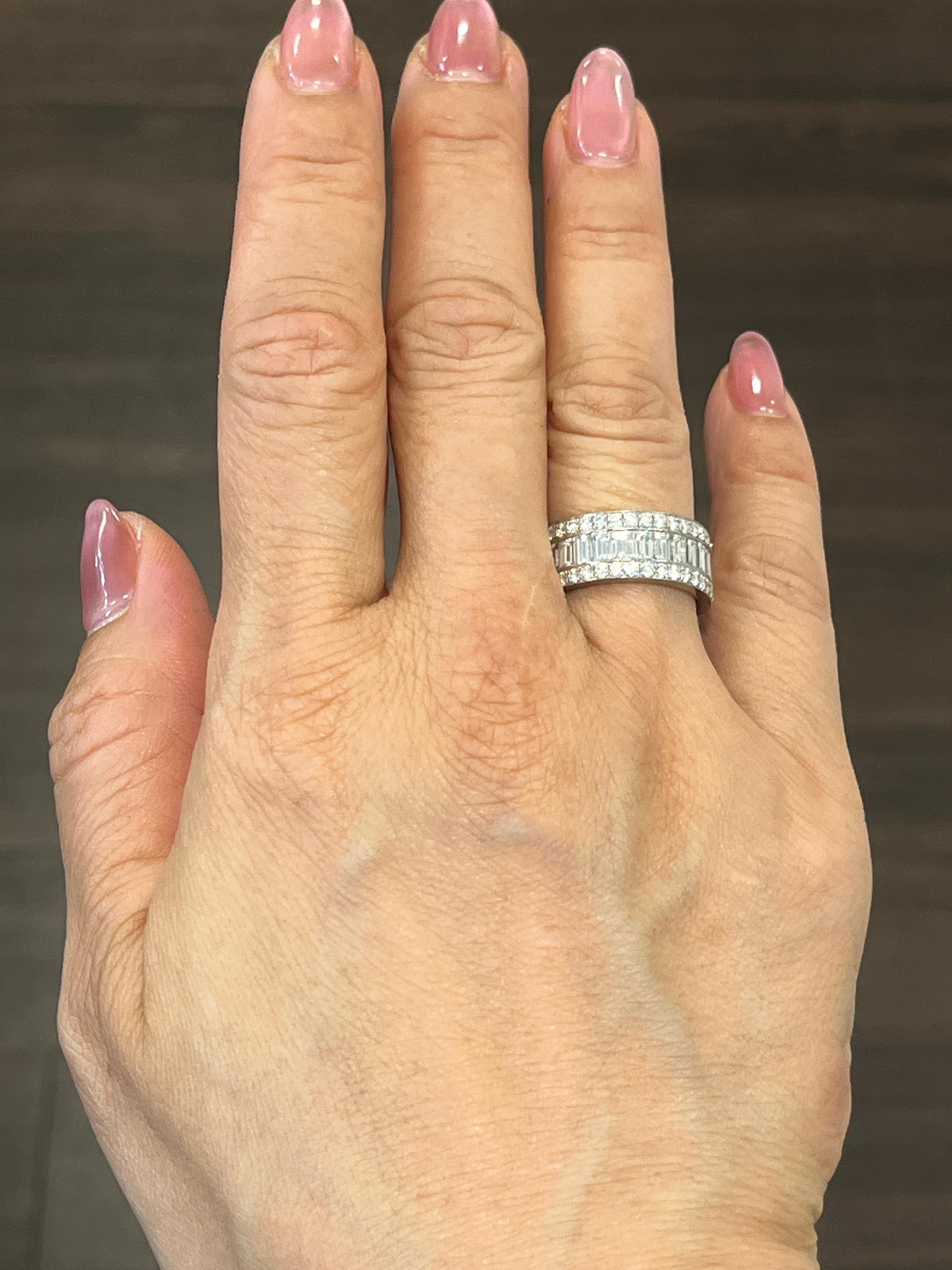 This stunning diamond eternity band weighs 5.50 ct set in 18k white gold. The diamonds on the band boasts an F/G in color and VS1/VS2 in clarity. A gorgeous ring to wear everyday or with any wardrobe. 