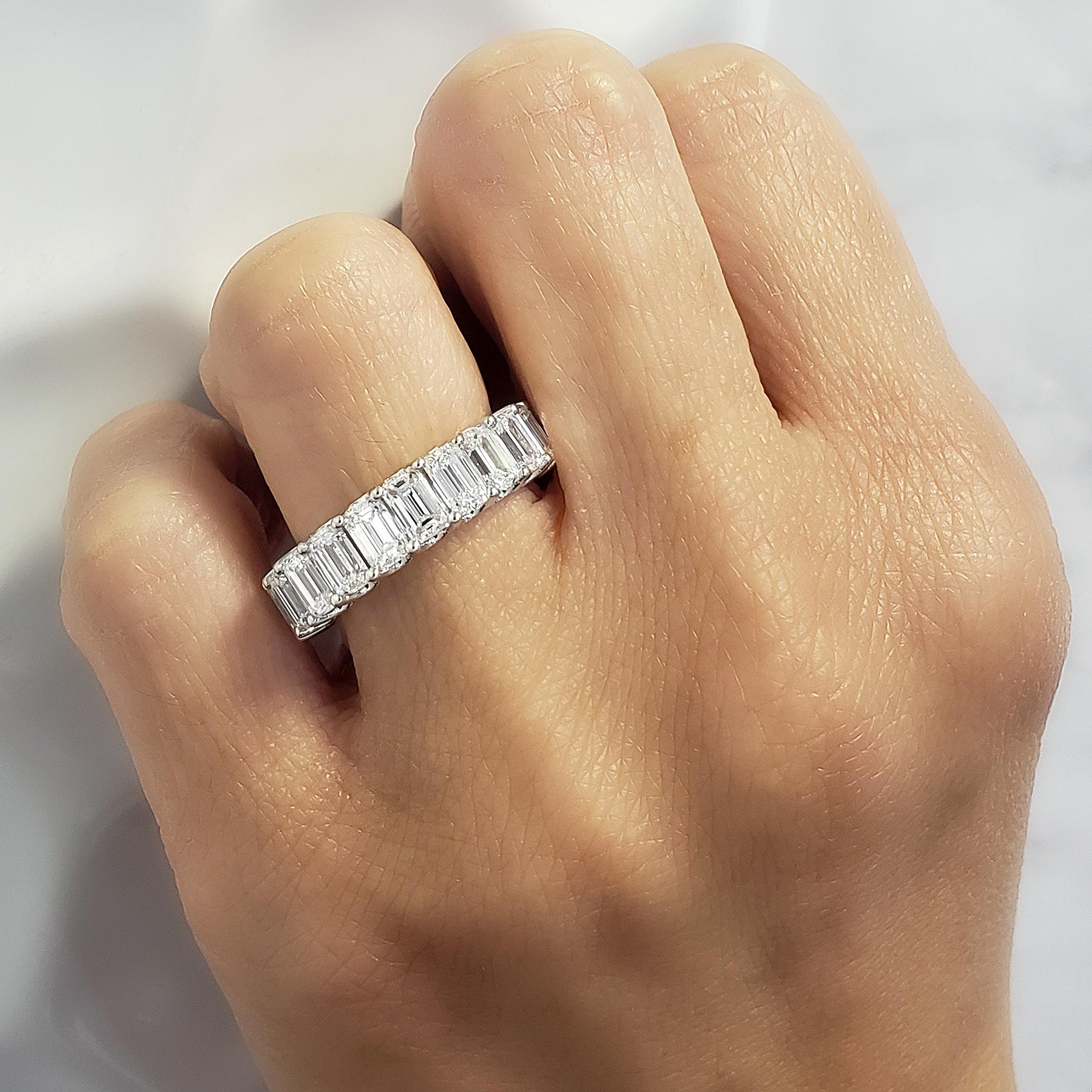 For Sale:  5.50 Carat Emerald Cut Eternity Ring Classic Gallery F-G Color VS1 Clarity 14k 6