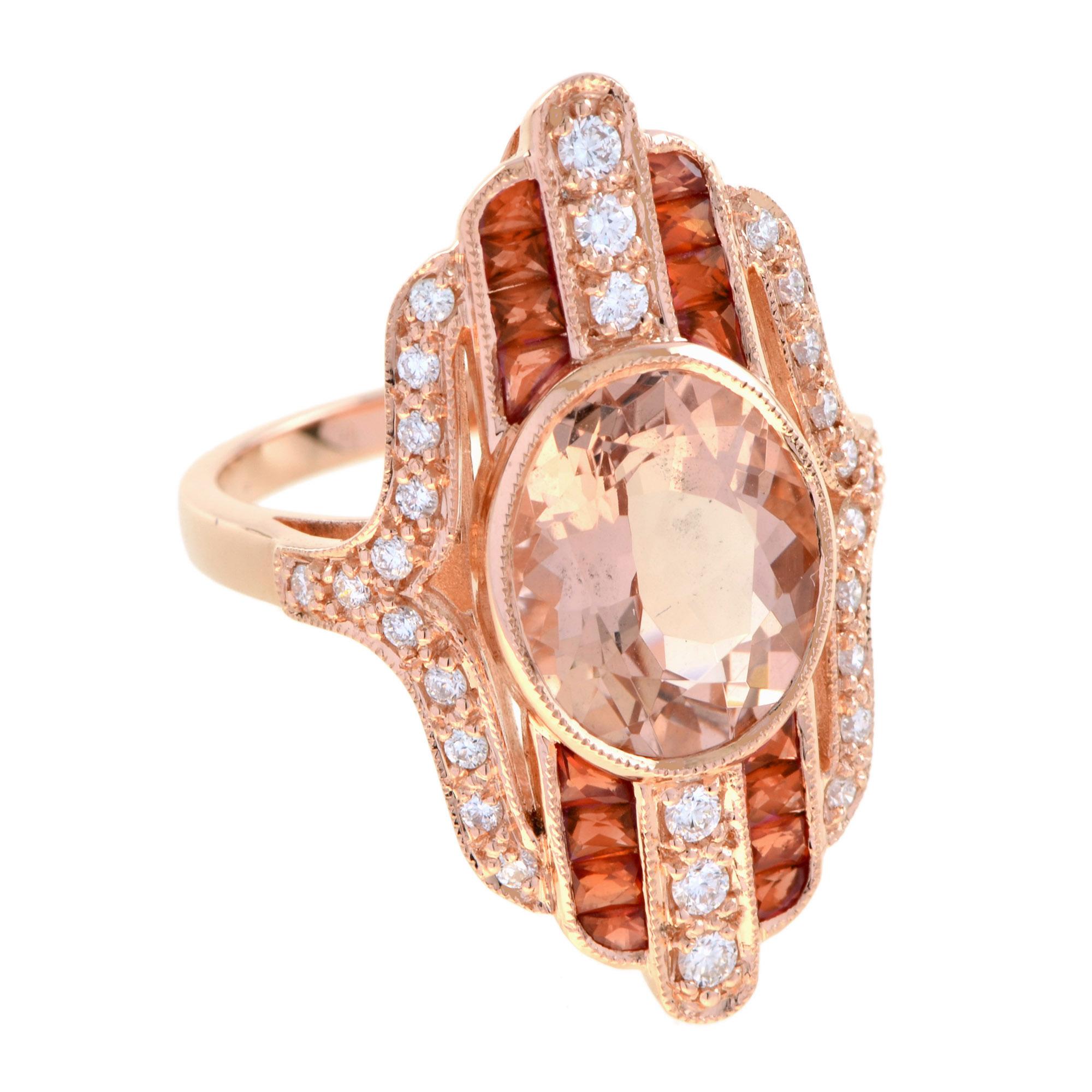 En vente :  5.50 Ct. Bague de style Art déco en or rose 18 carats avec Morganite, saphir orange et diamant 3