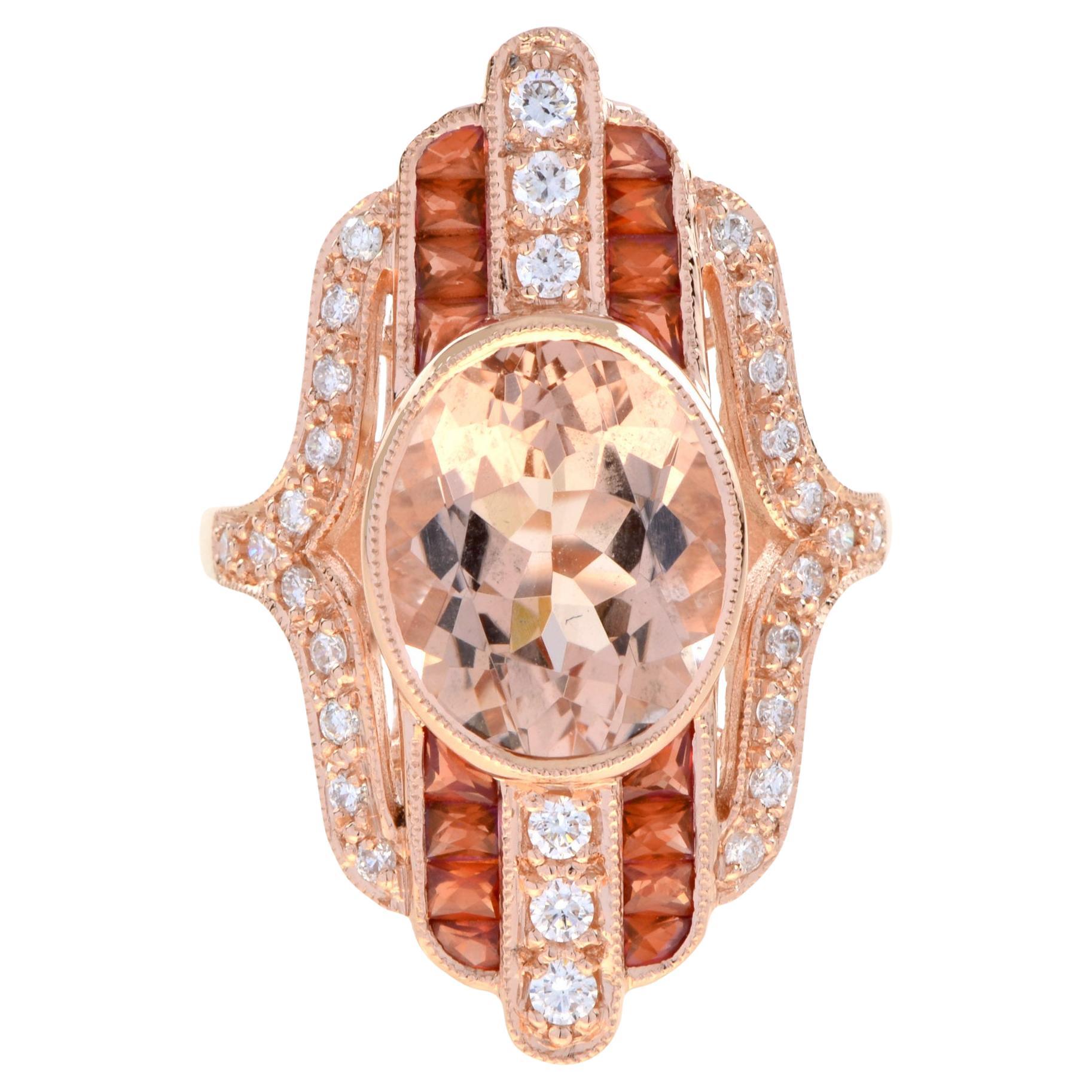 En vente :  5.50 Ct. Bague de style Art déco en or rose 18 carats avec Morganite, saphir orange et diamant