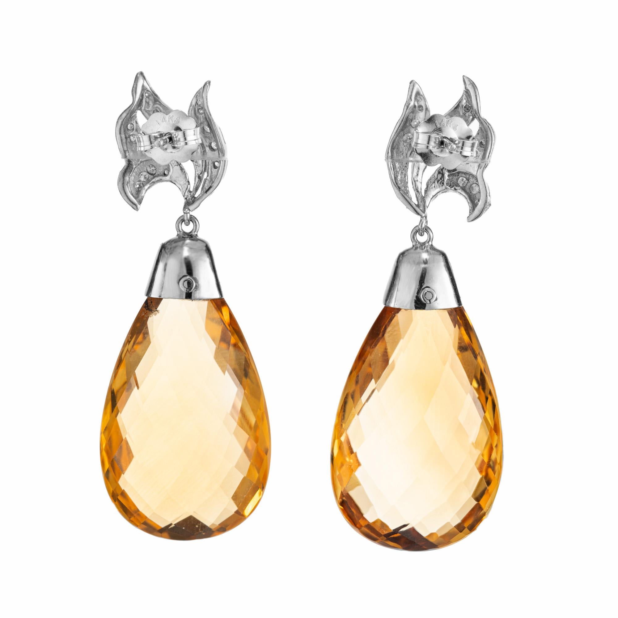 Taille briolette Pendants d'oreilles en or blanc avec diamants et citrine jaune briolette de 55,00 carats en vente