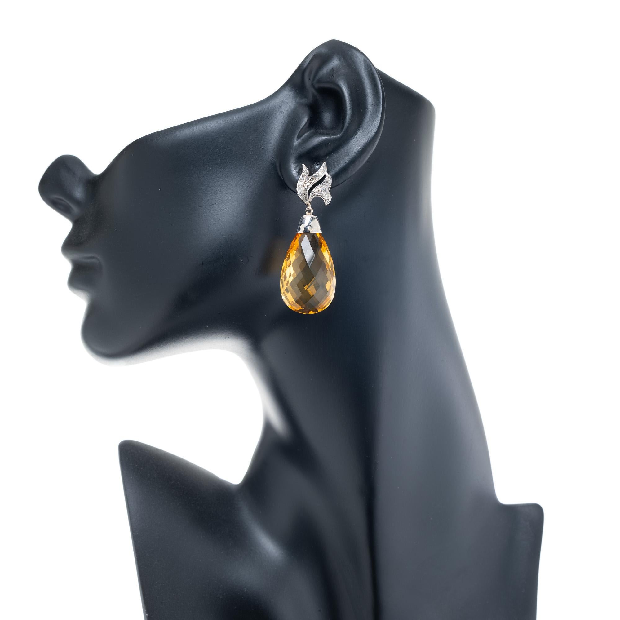 55.00 Carat Yellow Citrine Briolette Diamond White Gold Dangle Earrings In Good Condition For Sale In Stamford, CT