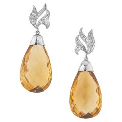 Retro 55.00 Carat Yellow Citrine Briolette Diamond White Gold Dangle Earrings
