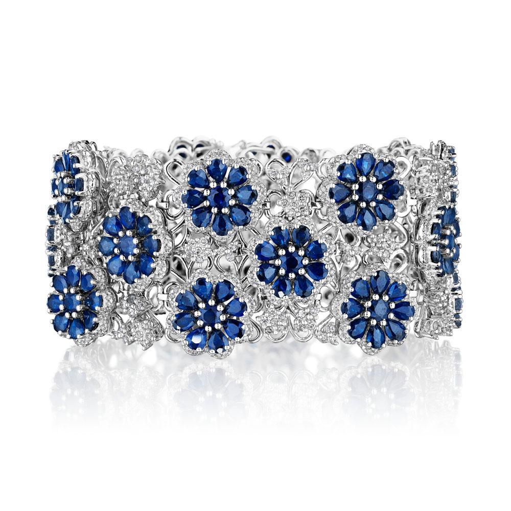 Modern 55.07ct Sapphire & Diamond Bracelet Cuff in 18KT White Gold For Sale