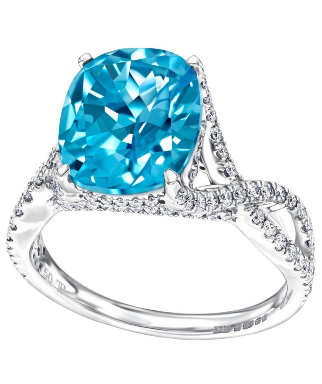 Anillo de compromiso de topacio azul en cojín de 5,50 quilates Diamante redondo de 0,66 quilates en oro de 18 quilates en venta 7