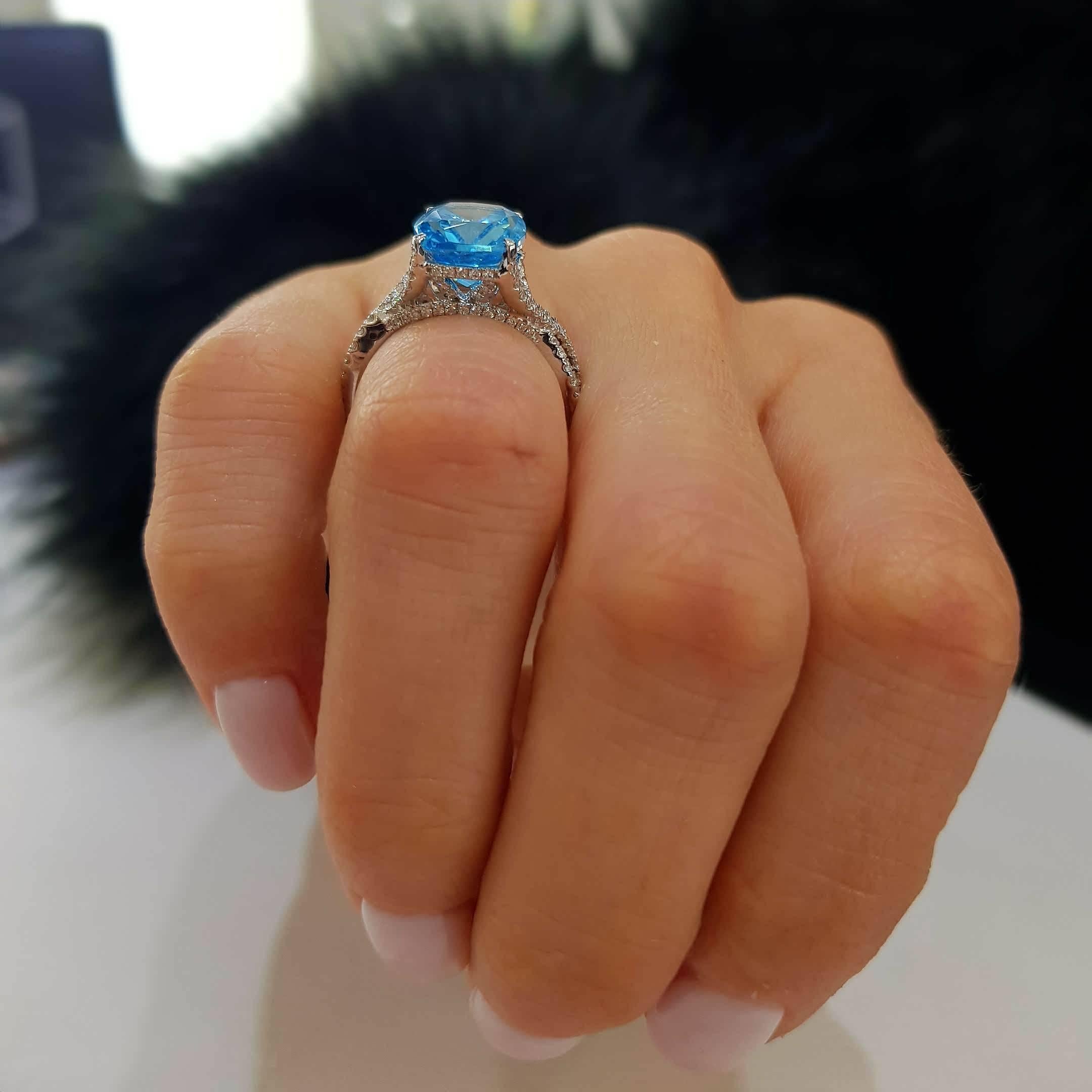 Cushion Cut 5.50ct Cushion Blue Topaz Engagement Ring 0.66 Carat Round Diamond in 18ct Gold For Sale