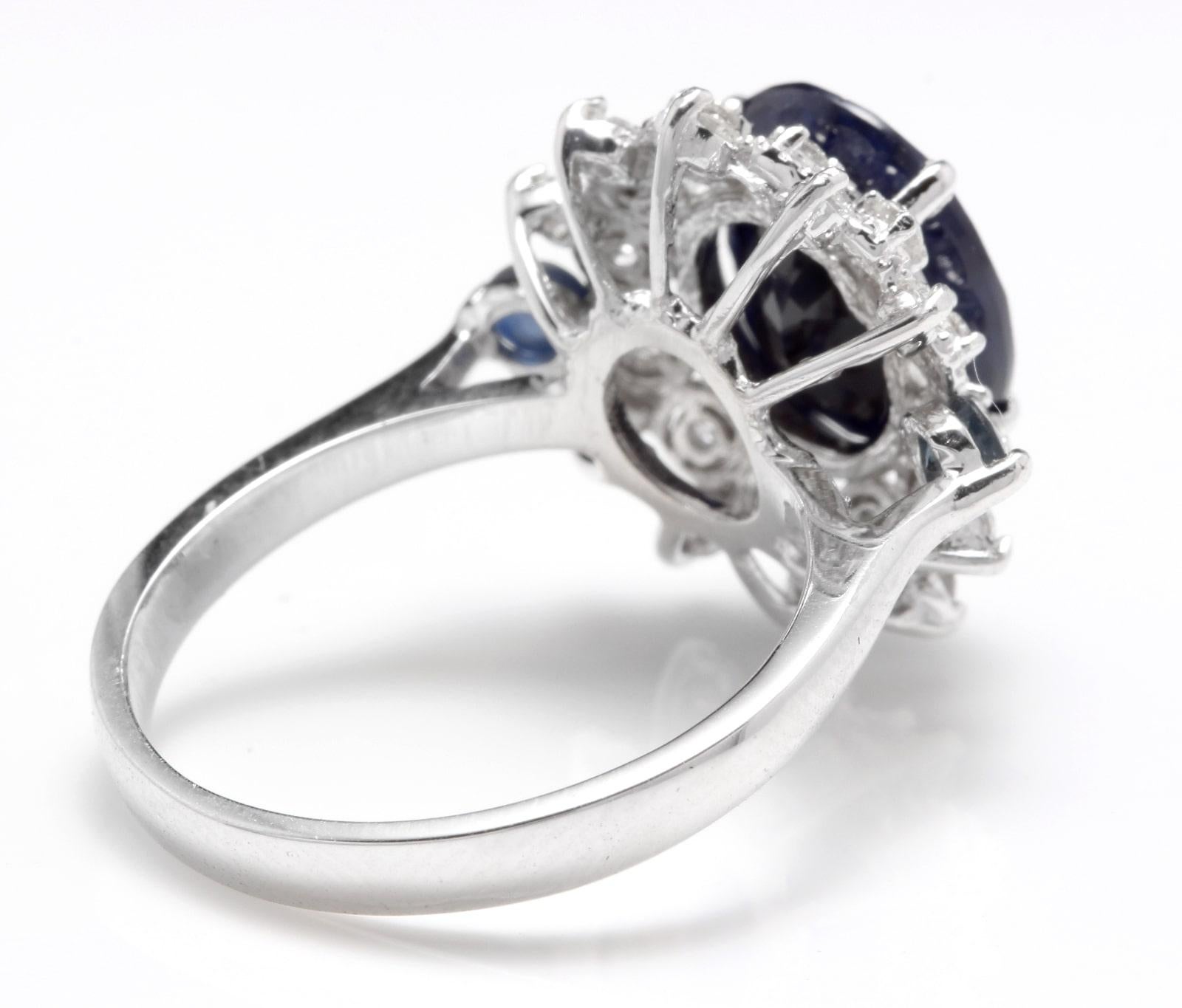 5.50ct Natural Blue Sapphire & Diamond 14k Solid White Gold Ring In New Condition For Sale In Los Angeles, CA