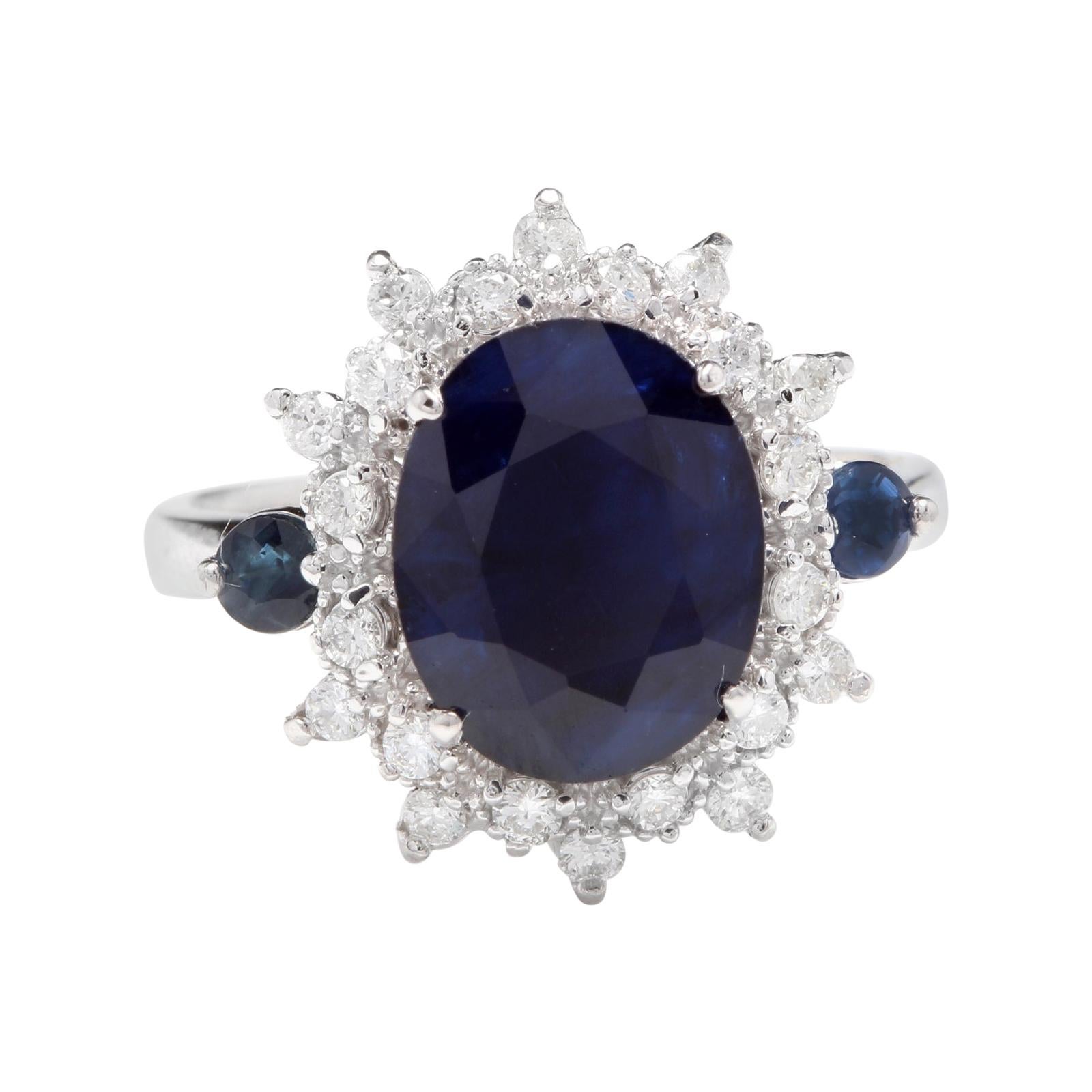 5.50ct Natural Blue Sapphire & Diamond 14k Solid White Gold Ring For Sale