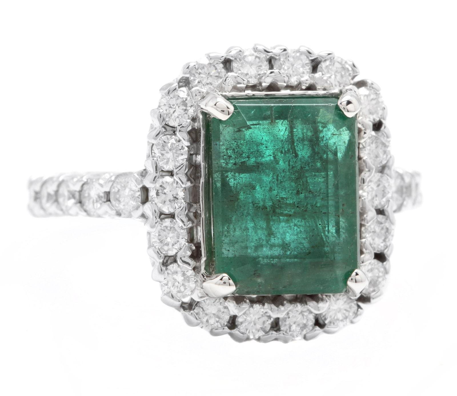 5.50 Carats Natural Emerald and Diamond 14K Solid White Gold Ring

Suggested Replacement Value: Approx. $6,800.00

Total Natural Green Emerald Weight is: Approx. 4.50 Carats (transparent)

Emerald Measures: Approx. 11 x 8mm

Emerald Treatment: