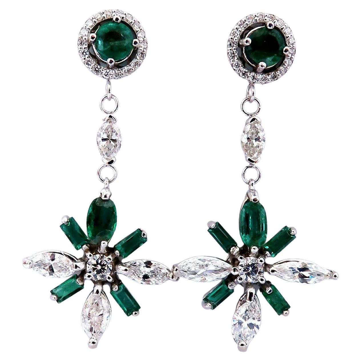 5.50ct Natural Round Emeralds Diamond Earrings 14kt Snowflake Dangle For Sale