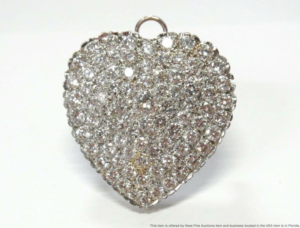 Women's or Men's Antique 5.50ctw Fine VS F-G Diamond Heart 14k White Gold Large Brooch or Pendant For Sale