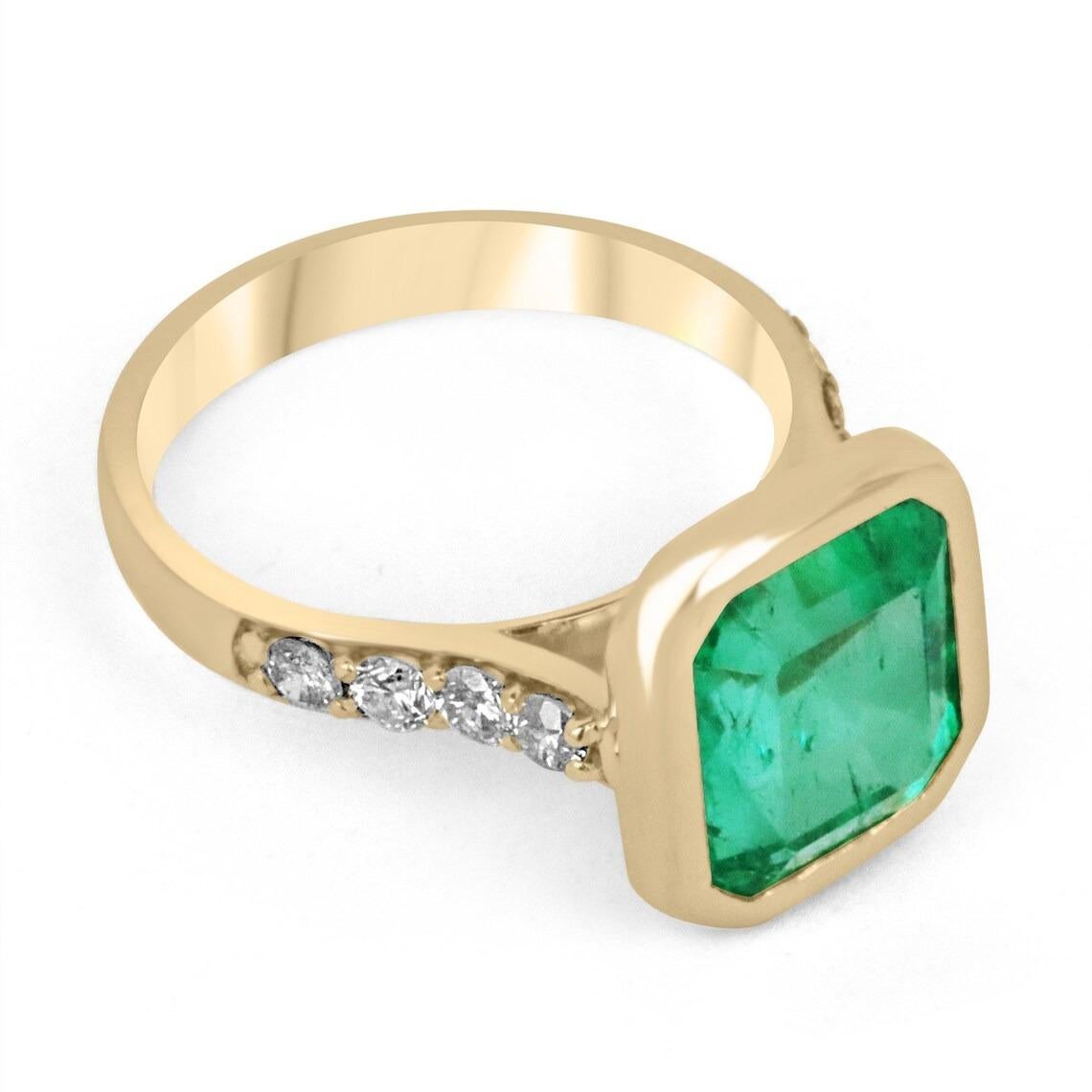 A remarkable AAA emerald and diamond engagement ring. The center stone showcases a striking natural Colombian emerald with superior characteristics such as its vivacious medium green color, excellent luster, and very good clarity. Natural internal