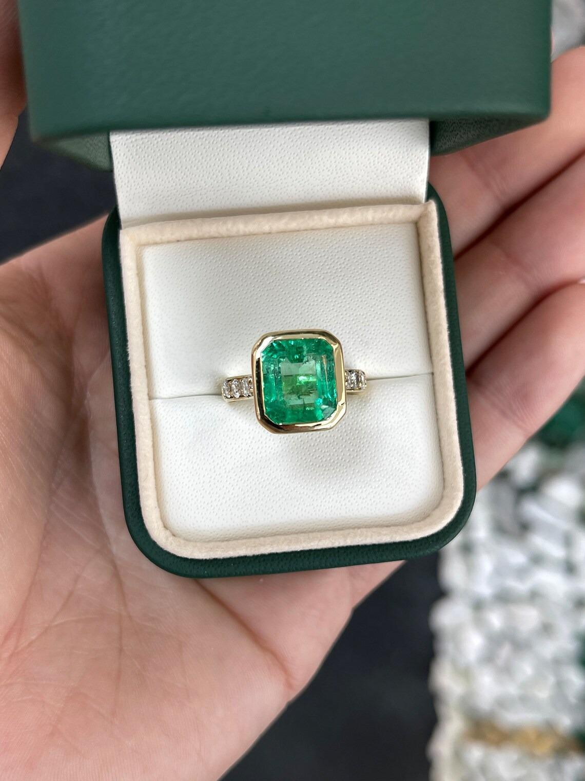Asscher Cut 5.50tcw 18K AAA Quality Asscher Colombian Emerald & Diamond Accent Engagement Ri For Sale