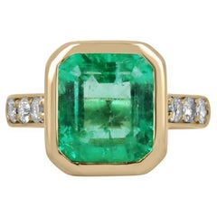 5.50tcw AAA Emerald & Diamond Bezel Set Engagement Ring 18K  Colombian Emerald