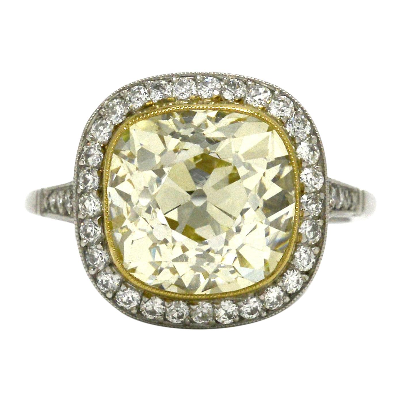 5.50 Carat Antique Yellow Diamond Engagement Ring Old Mine Cut Edwardian Style