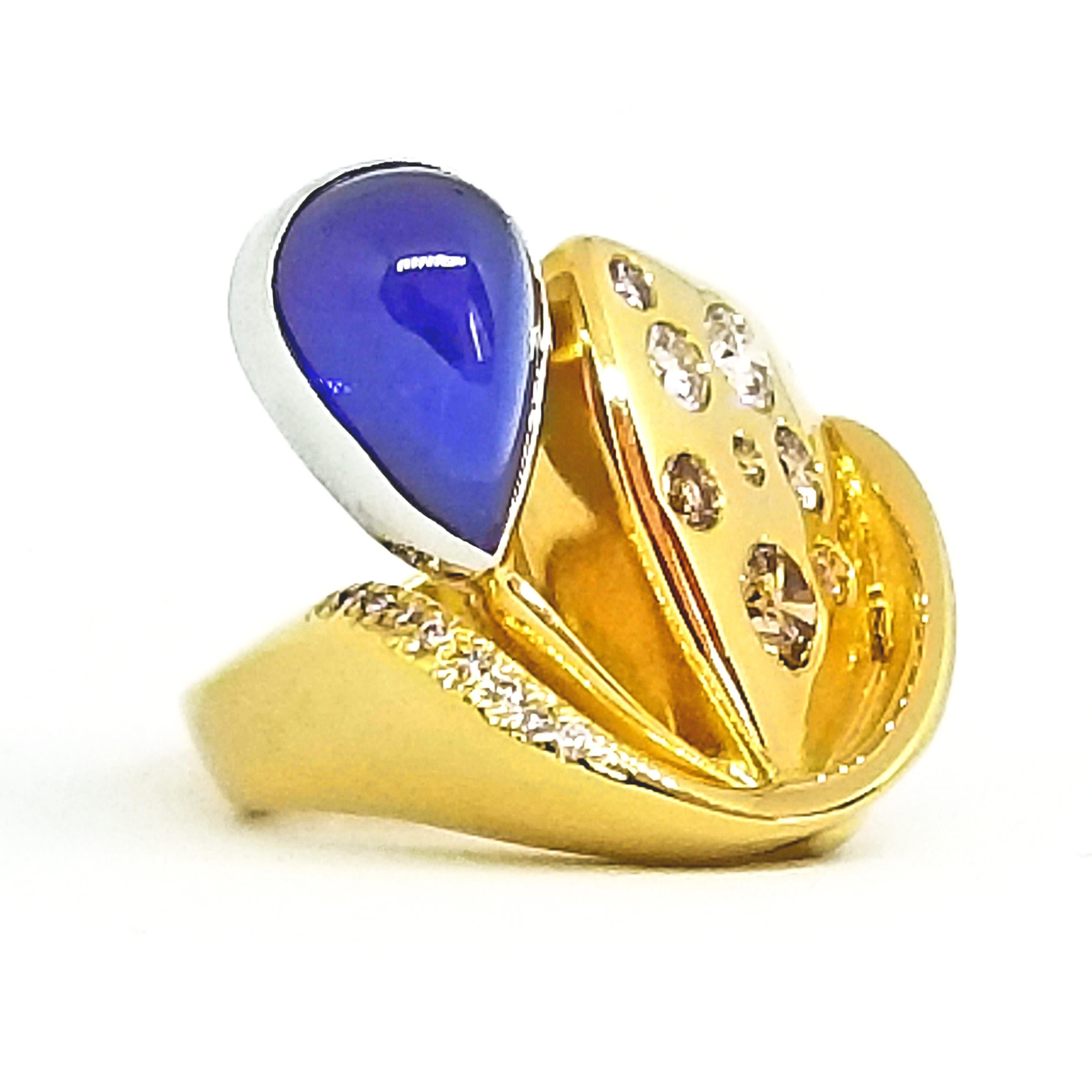 Pear Cut 5.51 Carat Blue Sugarloaf Tear Drop Sapphire Fancy Diamond Contemporary Ring For Sale