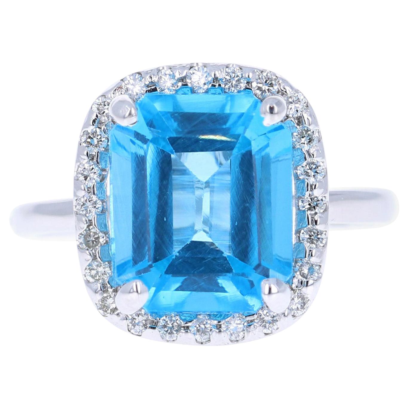 Anillo de oro blanco de 14 quilates con diamante topacio azul de 5,51 quilates