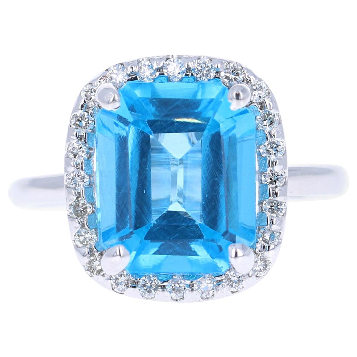 Bague en or blanc 14 carats avec topaze bleue de 5,51 carats et diamants