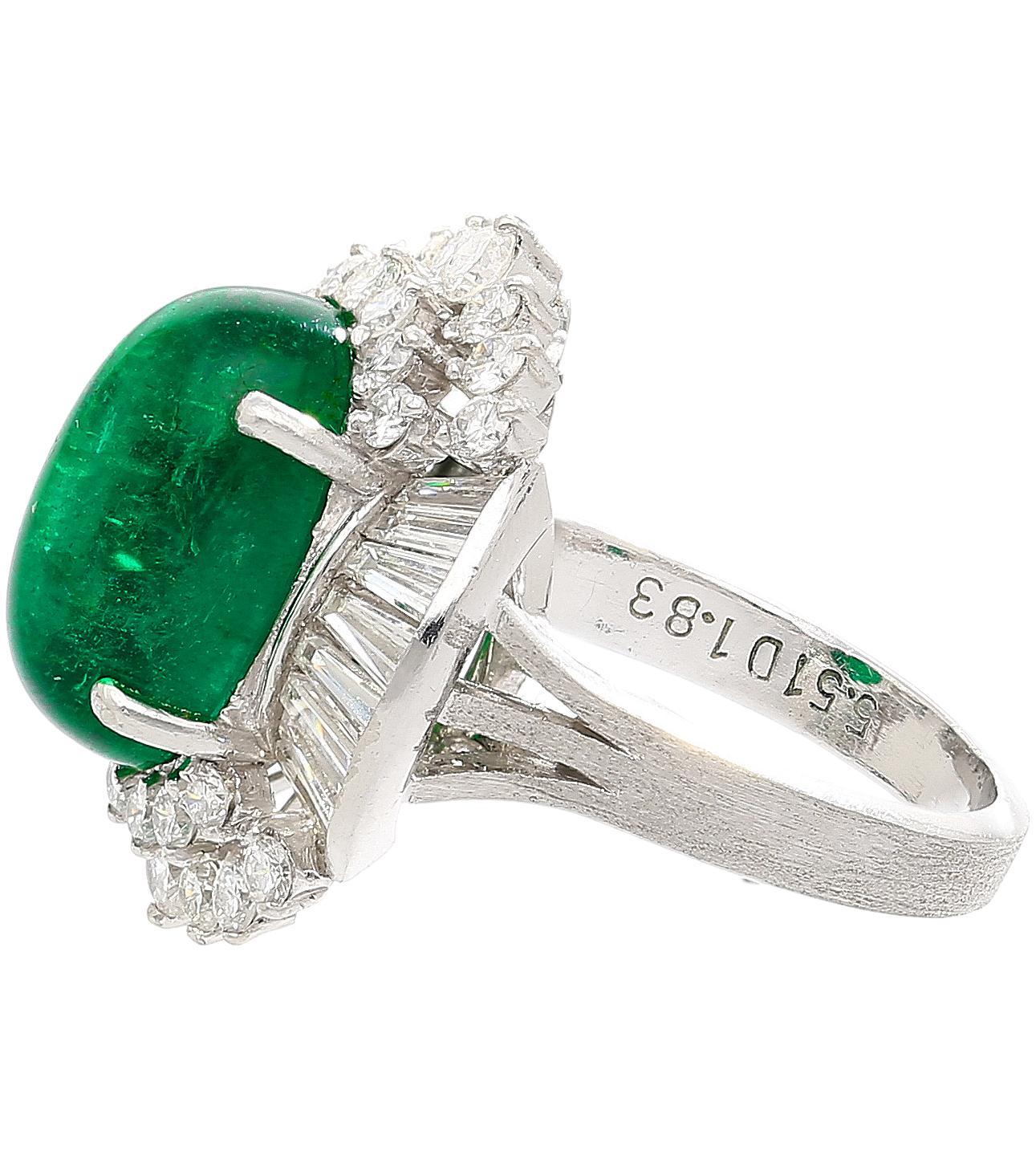 5.51 Carat Cabochon Cut Emerald & Diamond Platinum Ballerina Ring For Sale 1