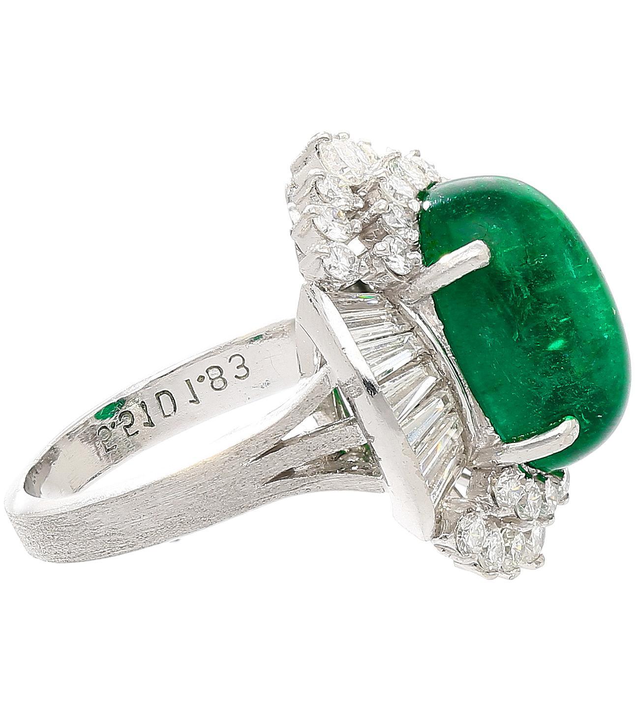 5.51 Carat Cabochon Cut Emerald & Diamond Platinum Ballerina Ring For Sale 3