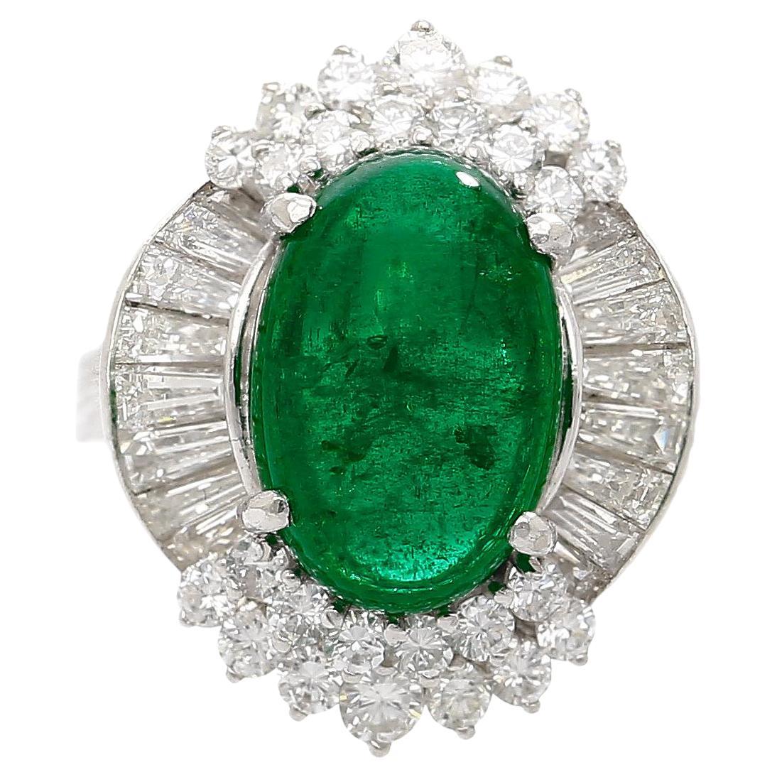 5.51 Carat Cabochon Cut Emerald & Diamond Platinum Ballerina Ring For Sale