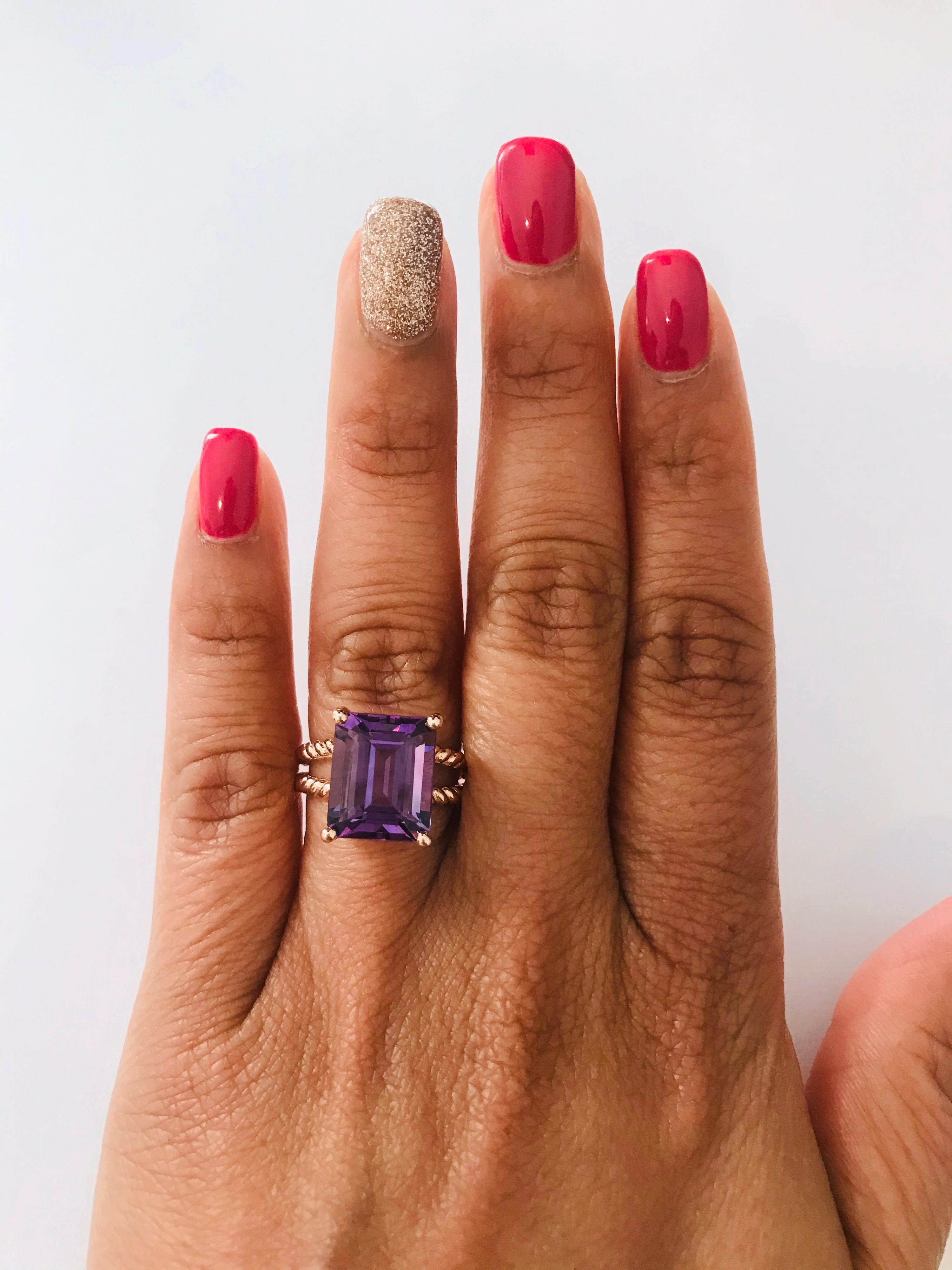 Contemporary 5.51 Carat Emerald Cut Amethyst Rose Gold Solitaire Ring For Sale