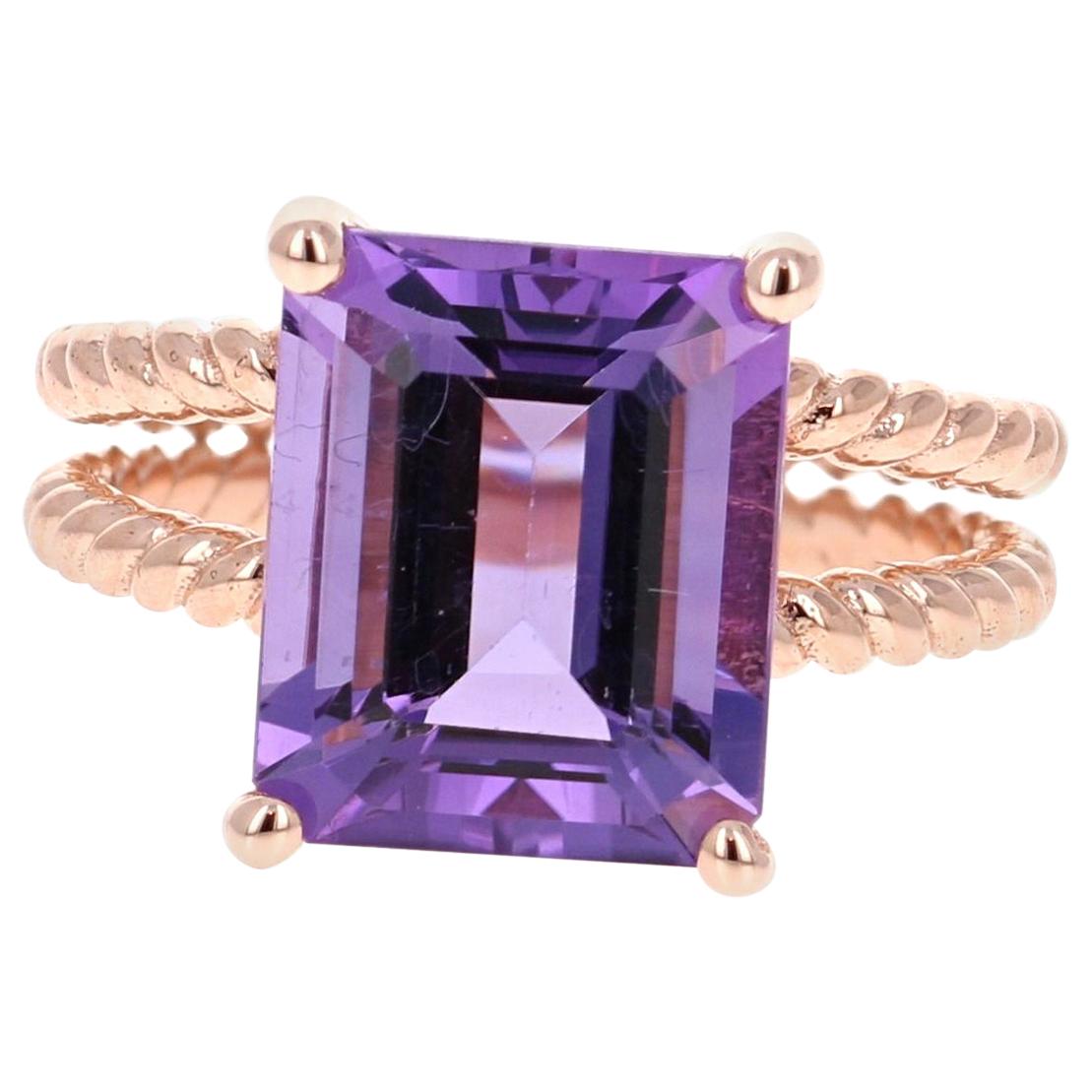 5.51 Carat Emerald Cut Amethyst Rose Gold Solitaire Ring For Sale