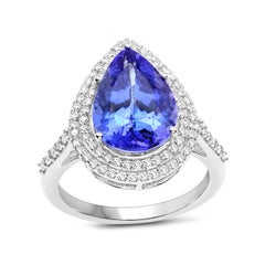 5.51 Carat Genuine Tanzanite and Diamond 14 Karat White Gold Cocktail Ring
