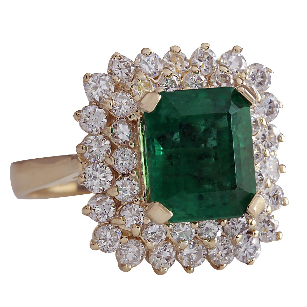 Stamped: 14K Yellow Gold
Total Ring Weight: 6.5 Grams
Total Natural Emerald Weight is 4.06 Carat (Measures: 10.00x8.00 mm)
Color: Green
Total Natural Diamond Weight is 1.45 Carat
Color: F-G, Clarity: VS2-SI1
Face Measures: 17.11x16.32 mm
Sku: