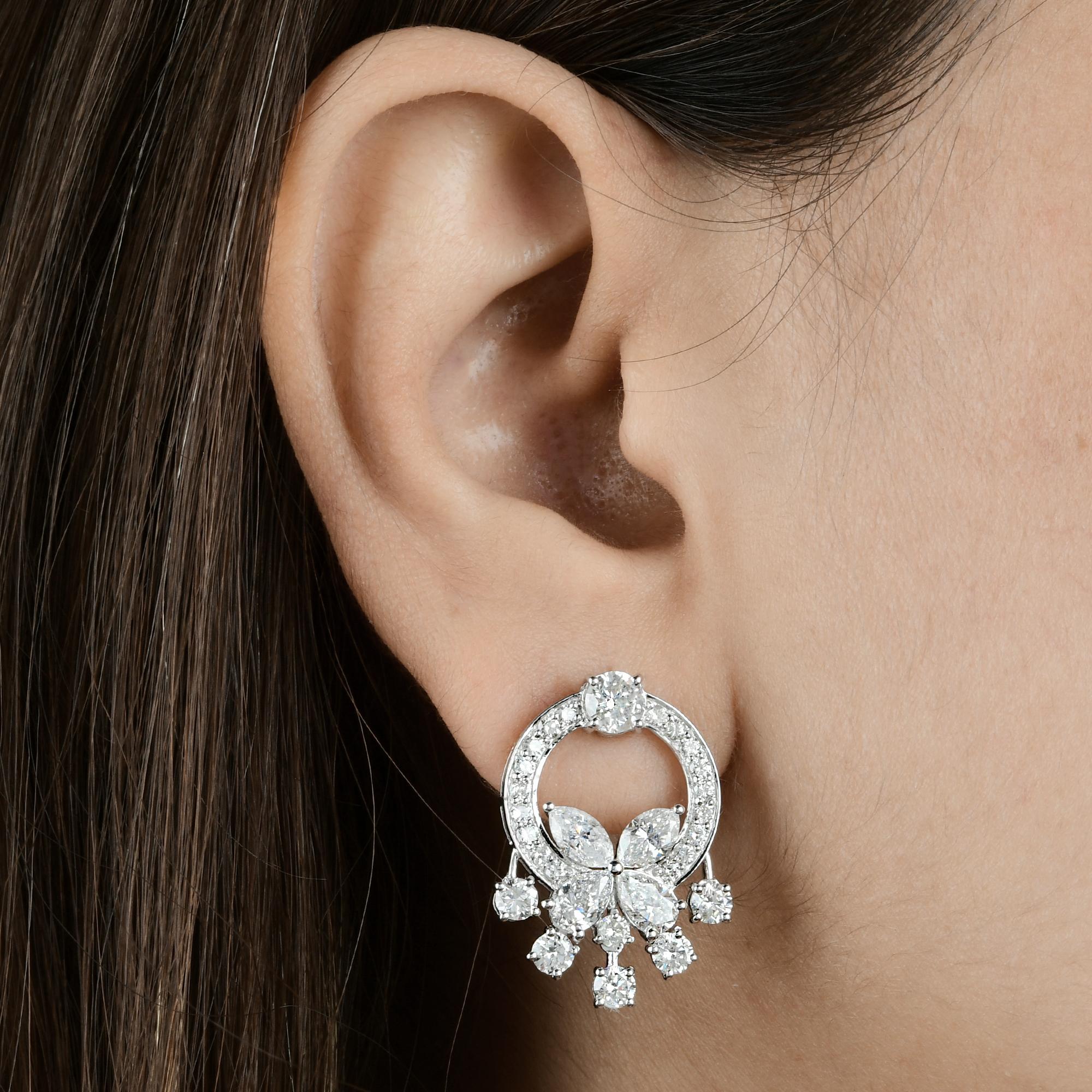 Round Cut 5.51 Carat SI Clarity HI Color Diamond Dangle Earrings 14 Karat White Gold For Sale