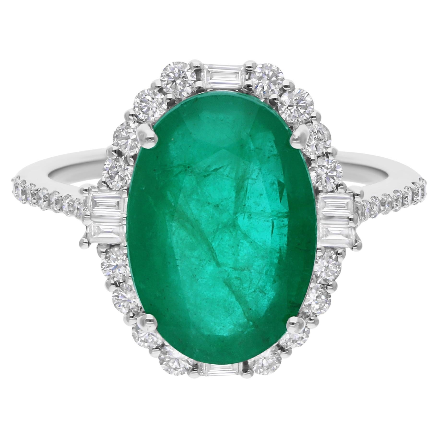Zambian Emerald and Diamond Halo Ring, 5.51 Carat Emerald, 18K White Gold