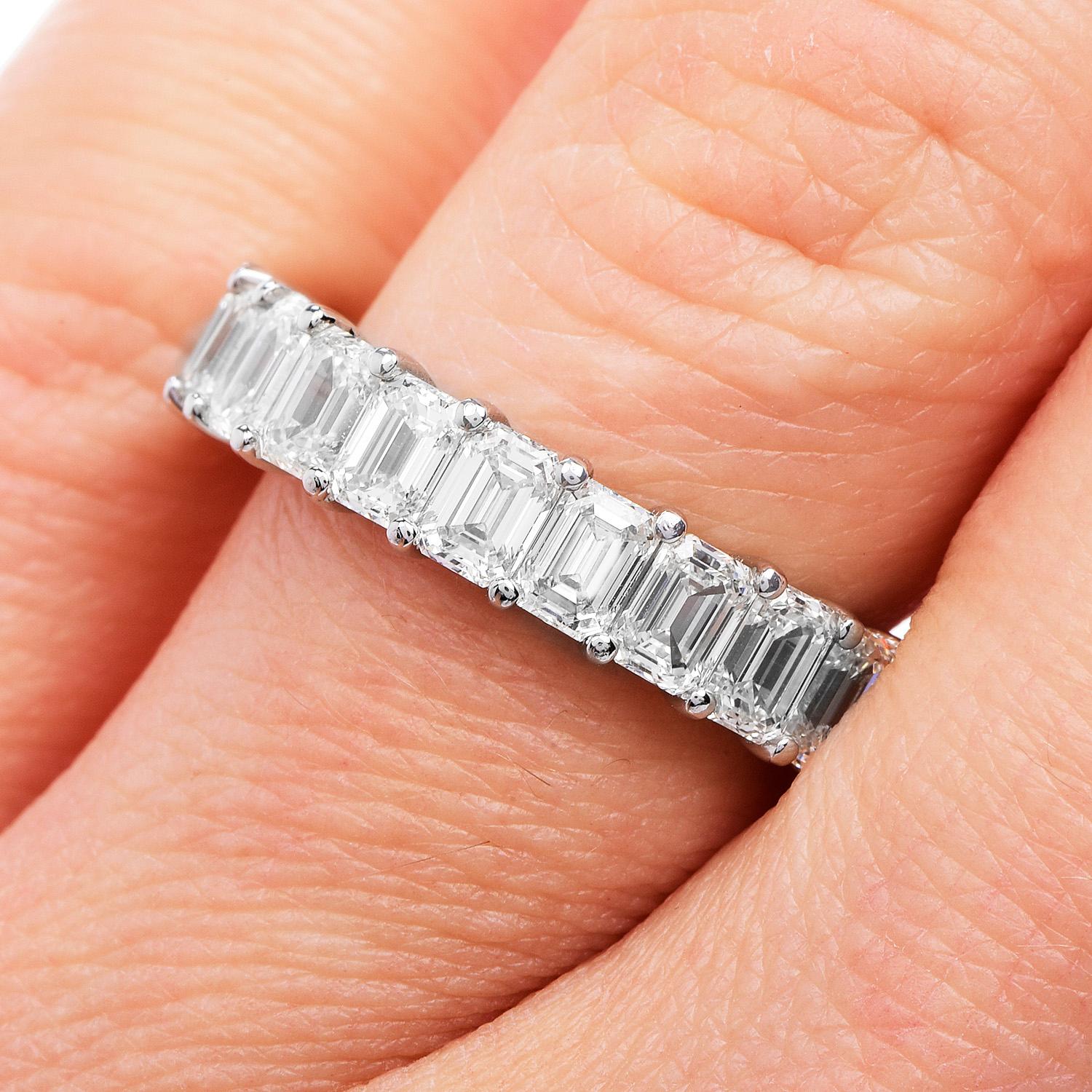 5.51 carats Emerald Cut Diamond Platinum Eternity Band Ring For Sale 1