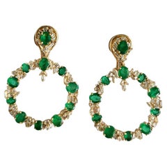 5.51 Carats, Natural Zambian Emerald & Yellow Diamonds Hoop Earrings