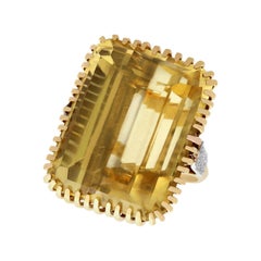 55.16Ct Emerald Cut Citrine and Diamond Gold Cocktail Ring Vintage Circa 1950