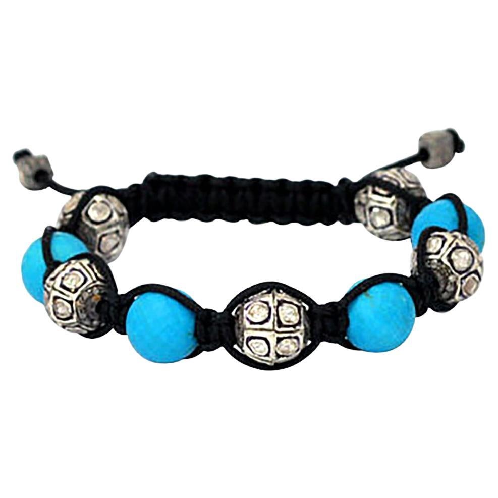 55.16ct Turquoise 
Pave Diamond Handmde Macramé Bead Bracelet