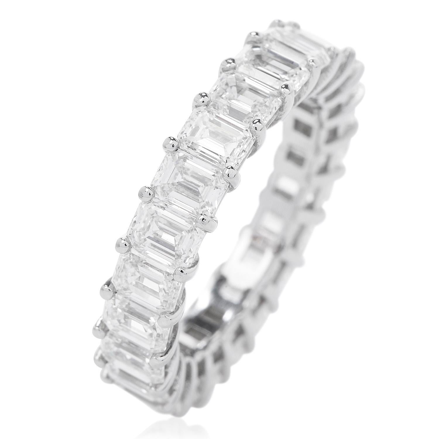 Women's or Men's 5.51cts Emerald Cut Diamond Platinum Eternity Band Ring