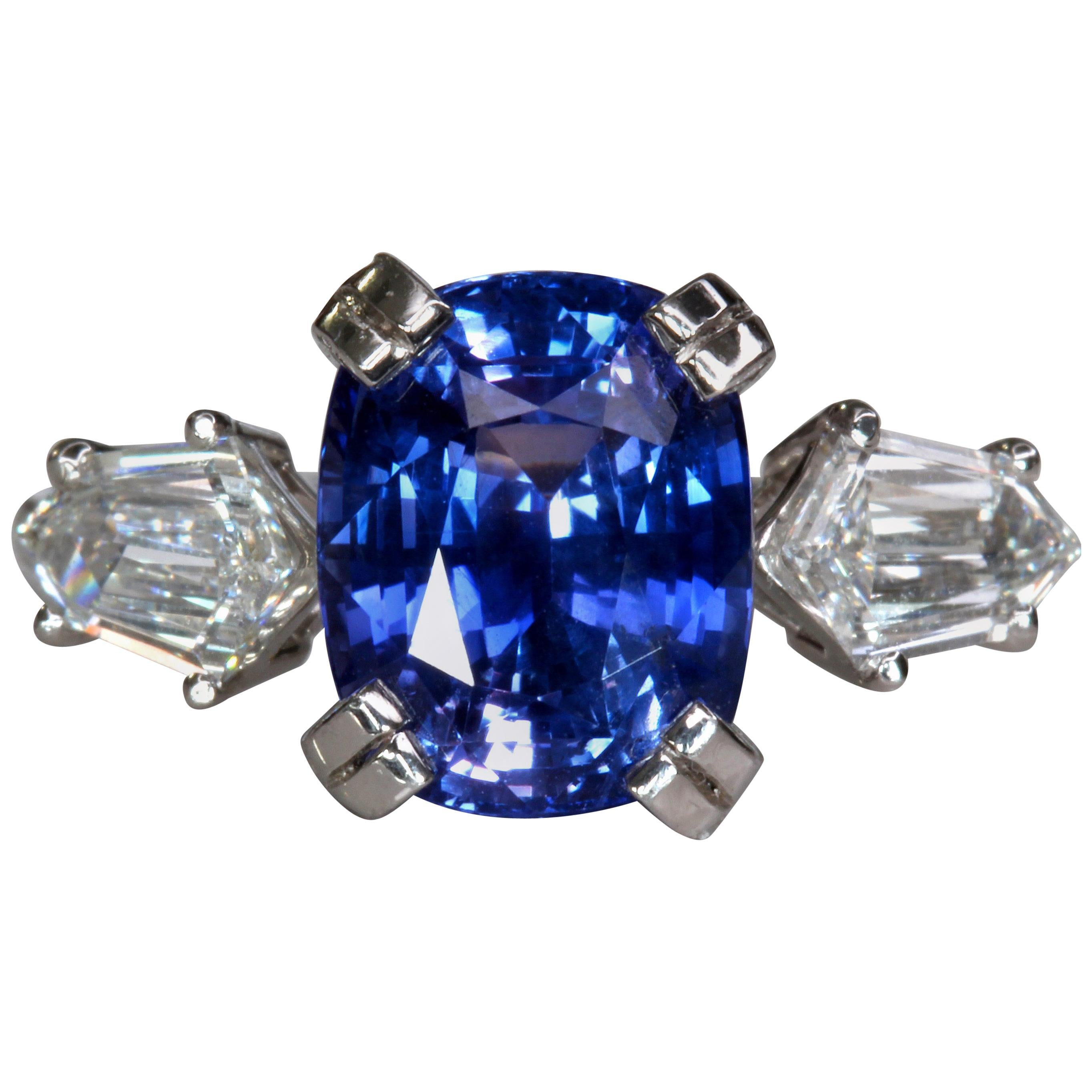 5.52 Carat Blue Ceylon Sapphire, 1.10 Carat Diamond, Platinum For Sale